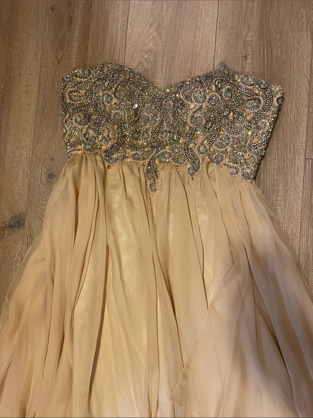 Beaded Strapless Gold Evening Gown